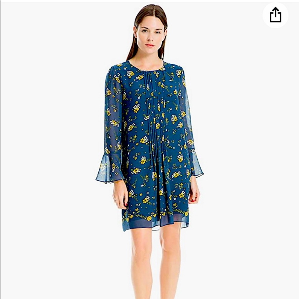 NWT Max Studio Women's Long Bell Sleeve Dress, Blue/Yellow Field Flower, Sz S